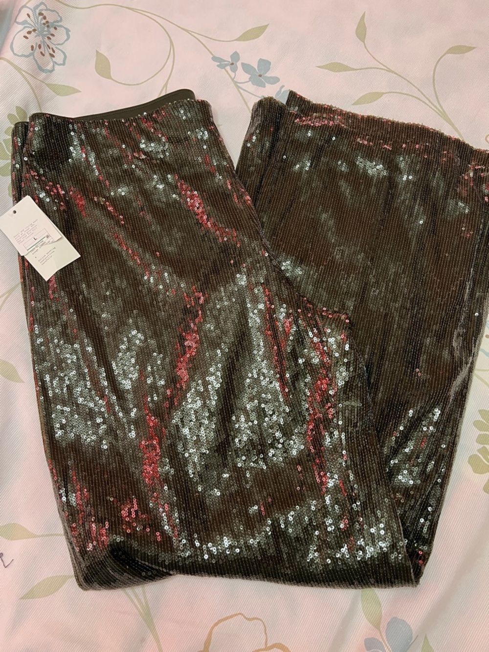 Sequin Ribbed Wide-Leg Pants - Olive Green.
